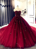 Burgundy Ball Gown Sweetheart Beaded Formal Gown, Burgundy Sweet 16 Dress HZ1024