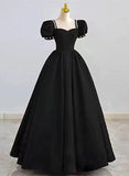 Simple Pretty Black Satin Short Sleeves Beaded Party Dress, Black Long Evening Dress HZ1024
