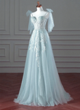Pretty Mint Blue Tulle with Lace A-line Long Party Dress, Mint Blue Prom Dress Fornal Dress HZ1024