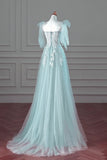 Pretty Mint Blue Tulle with Lace A-line Long Party Dress, Mint Blue Prom Dress Fornal Dress HZ1024
