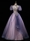 Pink and Purple Tulle Long Party Dress with Beadings, High Neckline Sweet 16 Dress HZ1024