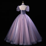 Pink and Purple Tulle Long Party Dress with Beadings, High Neckline Sweet 16 Dress HZ1024