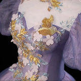 Pink and Purple Tulle Long Party Dress with Beadings, High Neckline Sweet 16 Dress HZ1024