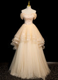 Champagne A-line Tulle Layers with Lace Party Dress, Long Tulle Formal Dress Prom Dress HZ1024