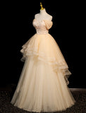 Champagne A-line Tulle Layers with Lace Party Dress, Long Tulle Formal Dress Prom Dress HZ1024