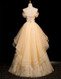 Champagne A-line Tulle Layers with Lace Party Dress, Long Tulle Formal Dress Prom Dress HZ1024