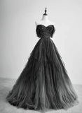 Black Tulle Off Shoulder Tulle Beaded Long Party Dress, Black Tulle Evening Dress Prom Dress HZ1024