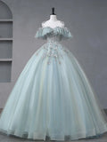 Glam Blue Tulle Sequins Lace Round Neckline Long Prom Dress, Blue Wedding Party Dress HZ1024