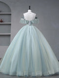 Glam Blue Tulle Sequins Lace Round Neckline Long Prom Dress, Blue Wedding Party Dress HZ1024