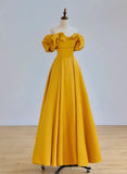 Lovely Yellow Satin A-line Off Shoulder Sweetheart Evening Dress, Yellow Floor Length Prom Dress HZ1024