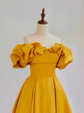 Lovely Yellow Satin A-line Off Shoulder Sweetheart Evening Dress, Yellow Floor Length Prom Dress HZ1024