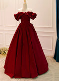 Wine Red Satin Off Shoulder Chic Long Party Dress, Wine Red Sweetheart Prom Dress HZ1024
