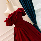 Wine Red Satin Off Shoulder Chic Long Party Dress, Wine Red Sweetheart Prom Dress HZ1024