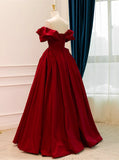 Wine Red Satin Off Shoulder Chic Long Party Dress, Wine Red Sweetheart Prom Dress HZ1024