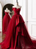 Beautiful Wine Red Sweetheart Tulle and Satin Party Dress, Wine Red Long Formal Dress HZ1024