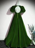 Green A-line Velvet Backless Long Party Dress, Green Short Sleeves Formal Dress Prom Dress HZ1024