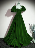 Green A-line Velvet Backless Long Party Dress, Green Short Sleeves Formal Dress Prom Dress HZ1024