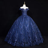 Lovely Navy Blue Floral Tulle Ball Gown Sweet 16 Dress,Navy Blue Off Shoulder Long Formal Dress HZ1024