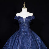 Lovely Navy Blue Floral Tulle Ball Gown Sweet 16 Dress,Navy Blue Off Shoulder Long Formal Dress HZ1024