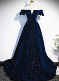 Navy Blue Velvet Off Shoulder Long Party Dress, Navy Blue Prom Dress Formal Dress HZ1024