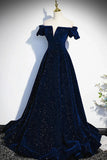 Navy Blue Velvet Off Shoulder Long Party Dress, Navy Blue Prom Dress Formal Dress HZ1024