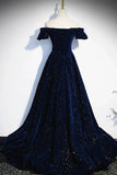Navy Blue Velvet Off Shoulder Long Party Dress, Navy Blue Prom Dress Formal Dress HZ1024