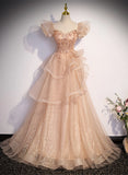 Cute A-line Shiny Tulle with Lace Off Shoulder Party Dress, Long Floor Length Prom Dress HZ1024