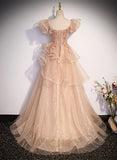 Cute A-line Shiny Tulle with Lace Off Shoulder Party Dress, Long Floor Length Prom Dress HZ1024