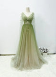 Lovely Green A-line Tulle Gradient Long Sleeves Evening Dress, Green A-line Long Prom Dress HZ1024