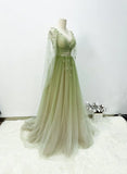 Lovely Green A-line Tulle Gradient Long Sleeves Evening Dress, Green A-line Long Prom Dress HZ1024