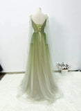 Lovely Green A-line Tulle Gradient Long Sleeves Evening Dress, Green A-line Long Prom Dress HZ1024