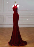 Wine Red Velvet Mermaid Halter Long Evening Dress, Wine Red Velvet Party Dress HZ1024