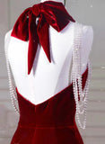 Wine Red Velvet Mermaid Halter Long Evening Dress, Wine Red Velvet Party Dress HZ1024