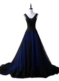 Black and Blue Lace V-neckline Long Party Dress, A-line Tulle Evening Dress Party Dress HZ1024