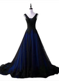 Black and Blue Lace V-neckline Long Party Dress, A-line Tulle Evening Dress Party Dress HZ1024