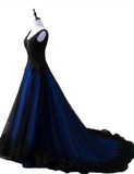 Black and Blue Lace V-neckline Long Party Dress, A-line Tulle Evening Dress Party Dress HZ1024