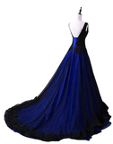 Black and Blue Lace V-neckline Long Party Dress, A-line Tulle Evening Dress Party Dress HZ1024