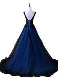 Black and Blue Lace V-neckline Long Party Dress, A-line Tulle Evening Dress Party Dress HZ1024