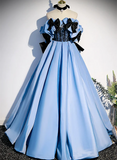 Blue Satin Off Shoulder with Bow Long Party Dress, Blue Satin Prom Dress Evening Dress HZ1024