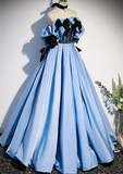 Blue Satin Off Shoulder with Bow Long Party Dress, Blue Satin Prom Dress Evening Dress HZ1024