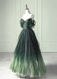Green Gradient Tulle A-line Long Formal Dress, Green Beaded Straps Party Dress Prom Dress HZ1024