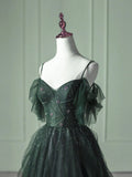 Green Gradient Tulle A-line Long Formal Dress, Green Beaded Straps Party Dress Prom Dress HZ1024