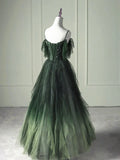 Green Gradient Tulle A-line Long Formal Dress, Green Beaded Straps Party Dress Prom Dress HZ1024