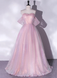 Pink Tulle and Sequins Off Shoulder Long Party Dress, Sweetheart Pink Formal Dress HZ1024