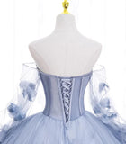 Light Blue Tulle Puffy Sleeves with Flowers Sweet 16 Dress, Light Blue Formal Dress HZ1024