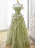 Cute Light Green A-line Beaded Tulle Party Dress, Light Green Long Prom Dress HZ1024