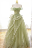 Cute Light Green A-line Beaded Tulle Party Dress, Light Green Long Prom Dress HZ1024