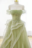 Cute Light Green A-line Beaded Tulle Party Dress, Light Green Long Prom Dress HZ1024
