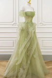 Cute Light Green A-line Beaded Tulle Party Dress, Light Green Long Prom Dress HZ1024