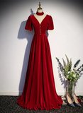 A-line Red Velvet High Neckline Wedding Party Dress, Red Velvet Long Prom Dress HZ1024